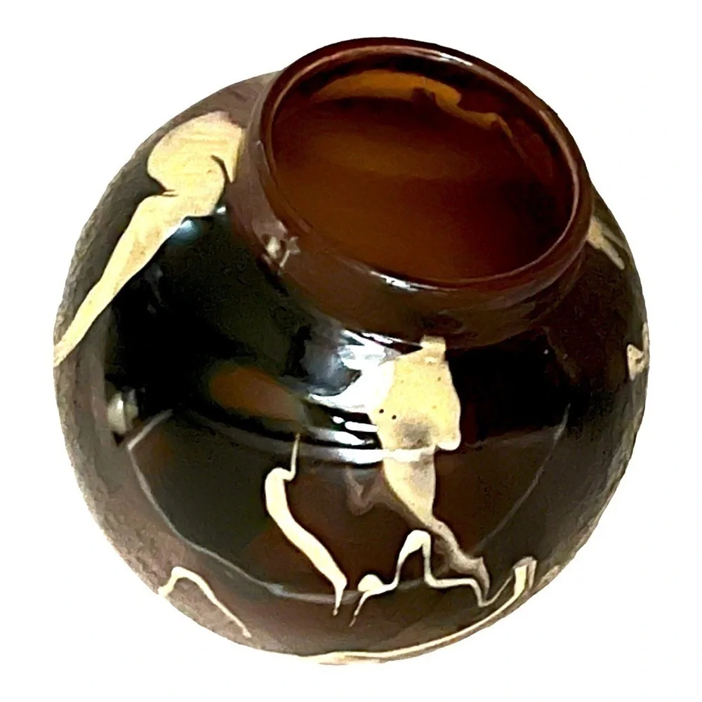 Vietri round terracotta glazed vase brown black tan collection modern Italy 6”.